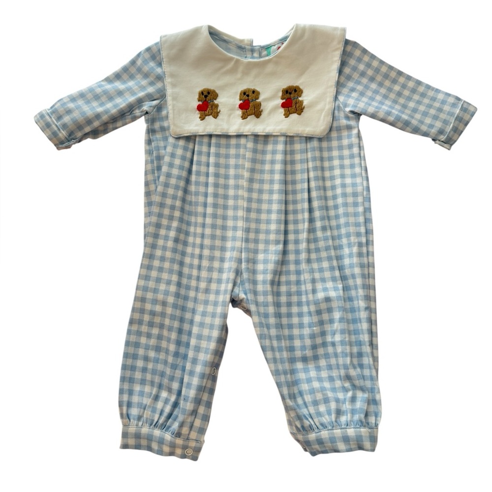 The Smocked Flamingo Valentine’s Day Puppy Romper Boys Size Three Months